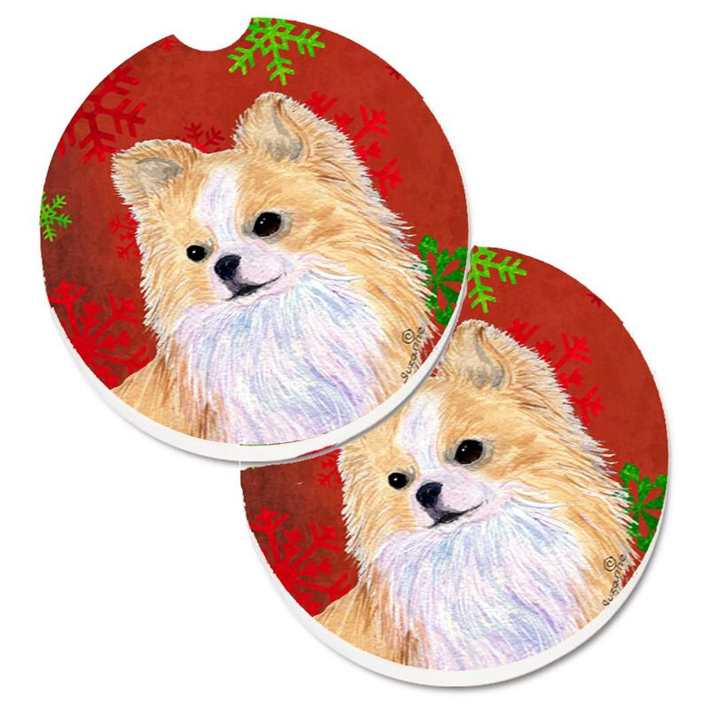 Caroline's Treasures Chihuahua Red & green Snowflakes Holiday Christmas Set of 2 Cup Holder Car Coasters SS4680CARC, 2.56, Multicolor image number 0