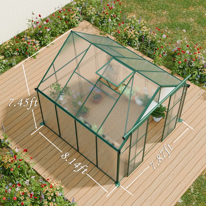 8x8 FT Double Door Polycarbonate Greenhouse Raised Base&Anchor Aluminum Duty Walk-in Greenhouses image number 7