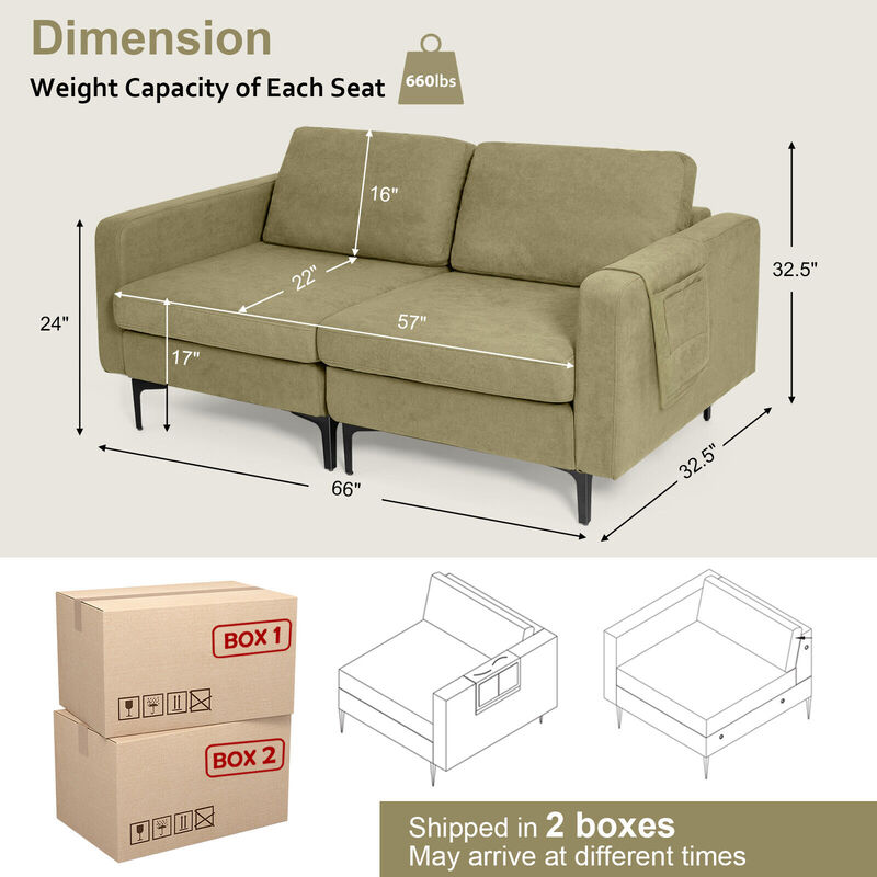 Modern Loveseat Sofa Couch with Side Storage Pocket and Padded Sponge Seat Cushions for Living Room