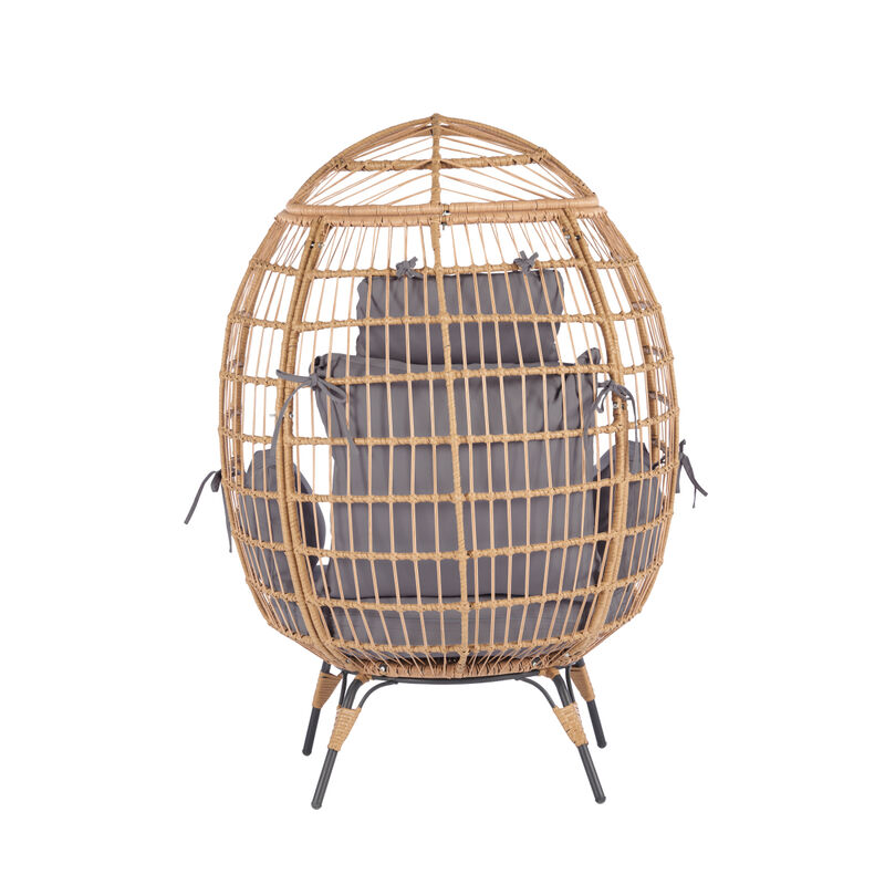 Wicker Egg Chair, Oversized Indoor Outdoor Lounger for Patio, Backyard, Living Room w/ 5 Cushions, Steel Frame, 440lb Capacity Light Grey