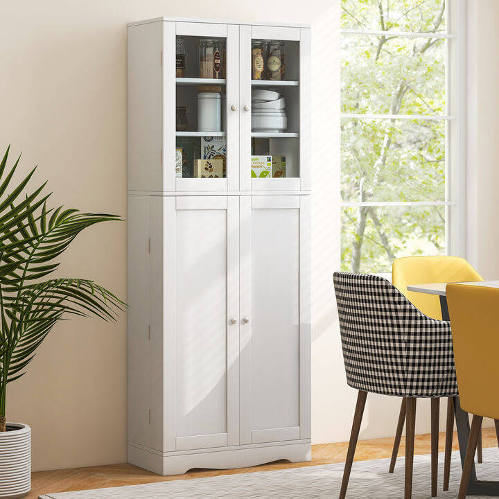 Tall Kitchen Pantry Cabinet with Dual Tempered Glass Doors and Shelves