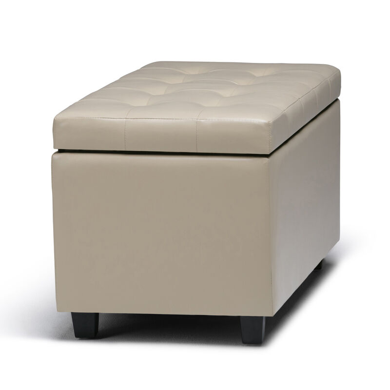 Cosmopolitan 34 inch Wide Transitional Rectangle Storage Ottoman in Satin Cream Vegan Faux Leather, Assembled