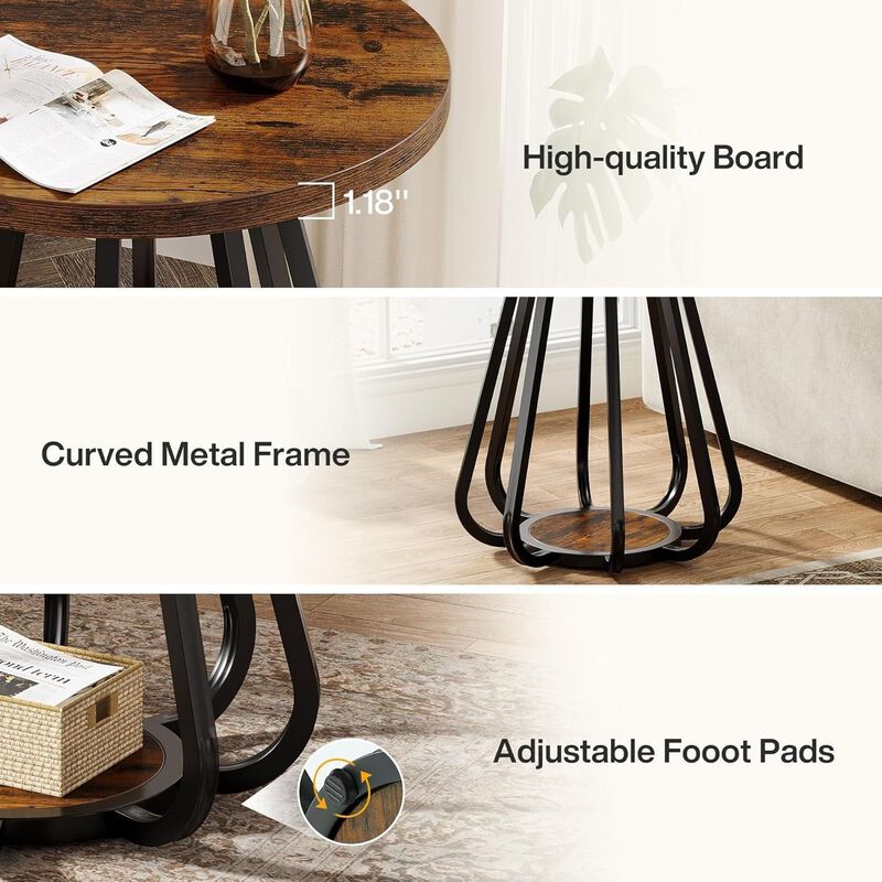 2-Tier Small Side Table, Sofa End Table with Metal Frame for Small Spaces-Vintage Brown image number 7