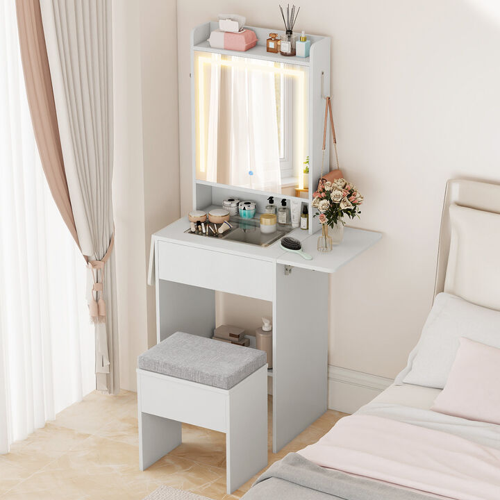Bedroom Vanity Desk with Mirror Lights and Compact Storage Design