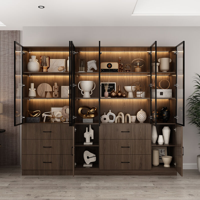 FUFU&GAGA Modern Wood Grain Cabinet with 6 Drawers, Black Aluminum Glass Doors & LED Strip Lights (94.4&rdquo;W x 15.7&rdquo;D x 78.7&rdquo;H), Walnut Finish