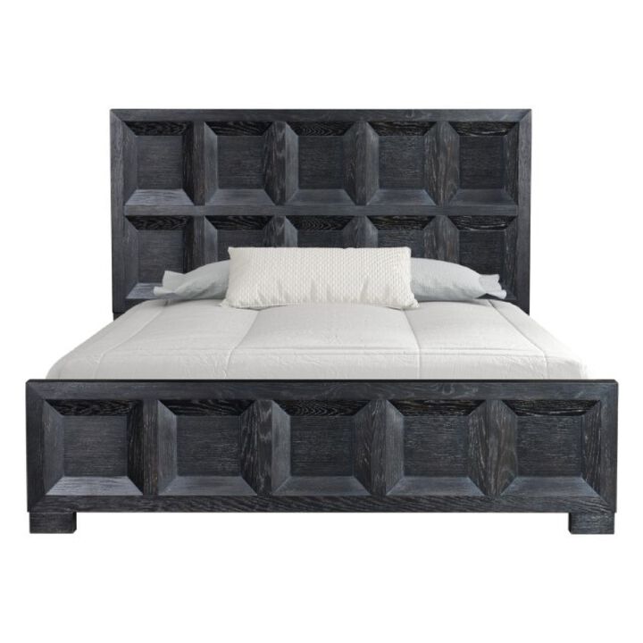 Kizie King Bed, Classic Recessed Panel, Weathered Black Solid Wood - Benzara