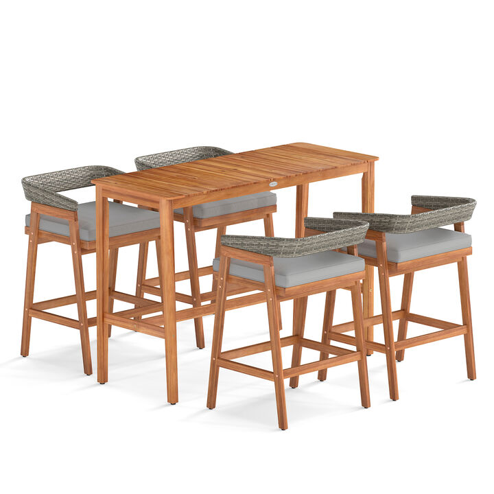 Patio Bar Set with Counter Height Table and 4 Cushioned Barstools-Grey
