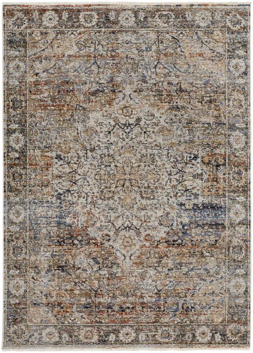 HomeRoots 8' X 10' Tan Blue And Burnt Orange Oriental Distressed Area Rug With Fringe