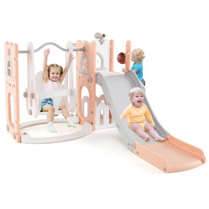 L Shaped 7 in 1 Toddler Swing Set with Slide, Ladder and Basketball Hoop image number 3
