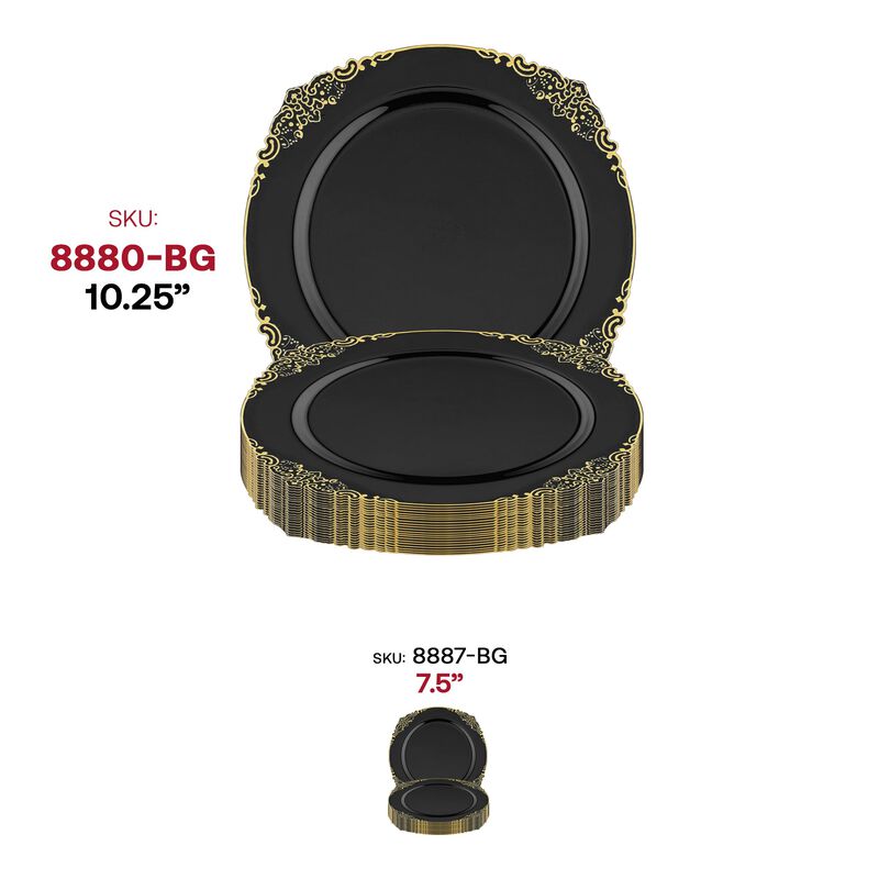 10.25" Black with Gold Fancy Round Plastic Dinner Plates (120 Plates) image number 5