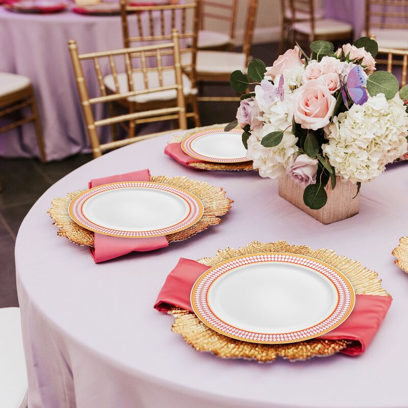 10.25" White with Red and Gold Chord Rim Plastic Dinner Plates (120 Plates) image number 1