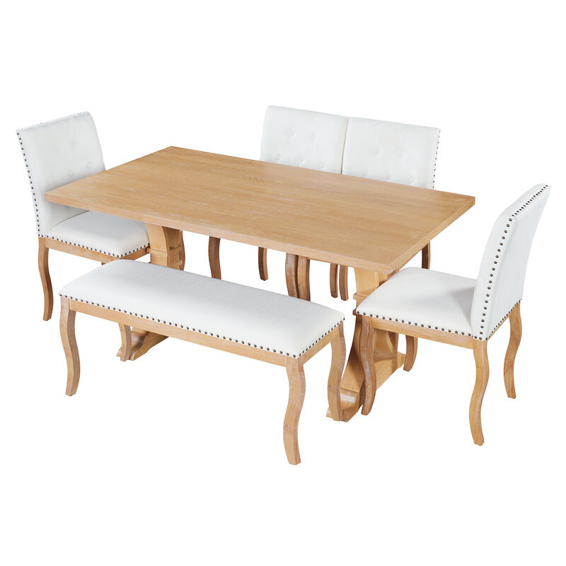 Whisen 6-Piece Dining Set with Bench, Farmhouse Natural Oak Table w/ 4 Upholstered Button Tufted Chairs, Solid Wood & MDF Kitchen Furniture image number 7