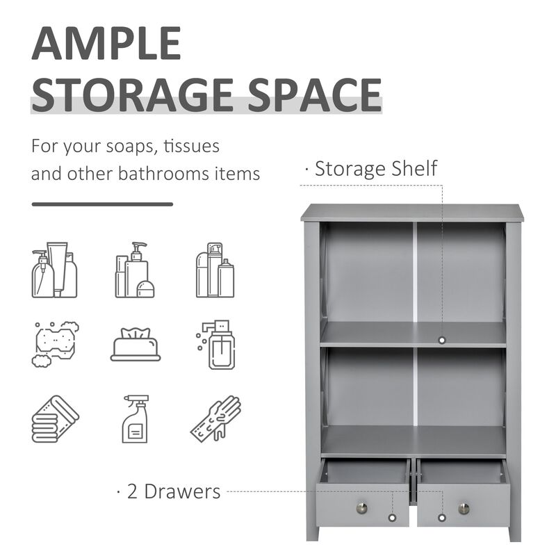 X- Frame Freestanding Floor Bathroom Storage with Two Drawers Storage Organizer Cabinet with 3 Shelves Grey
