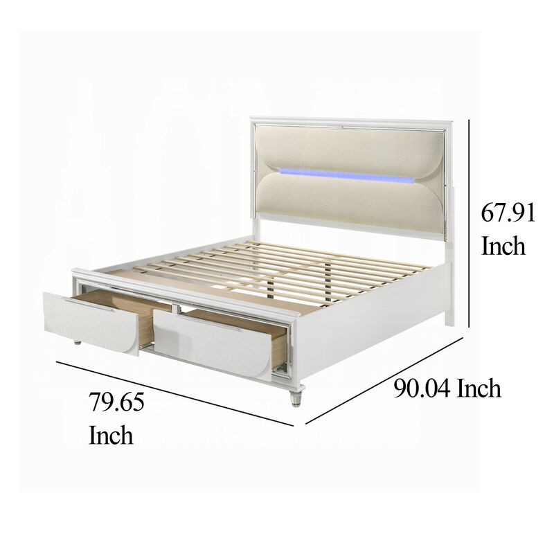 Rara King Size Bed, 2 Storage Drawers, LED, White Boucle Upholstery - Benzara