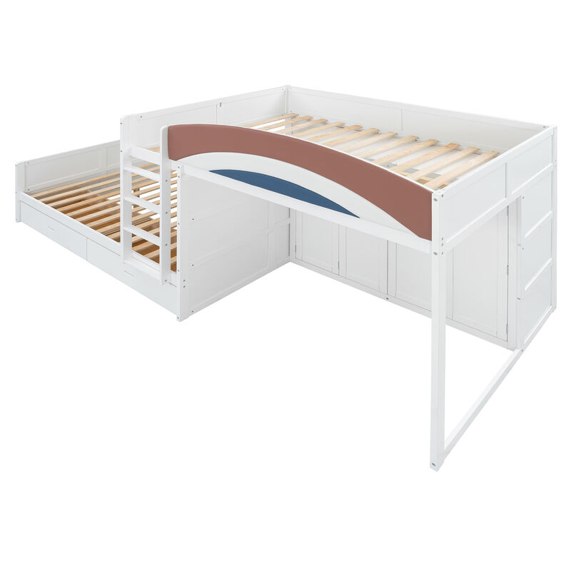 Whisen 136" Full Size Offset Bunk Bed with Wardrobe & 2 Drawers, Upholstered Guardrail, MDF Plywood Space Saving Loft Bed for Kids Bedroom image number 8