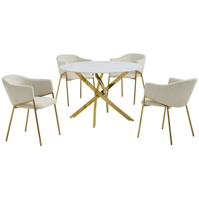 Best Quality Furniture Round Marble Wrap Tempered Glass Dining Table With 4 Linen Beige Side Chairs