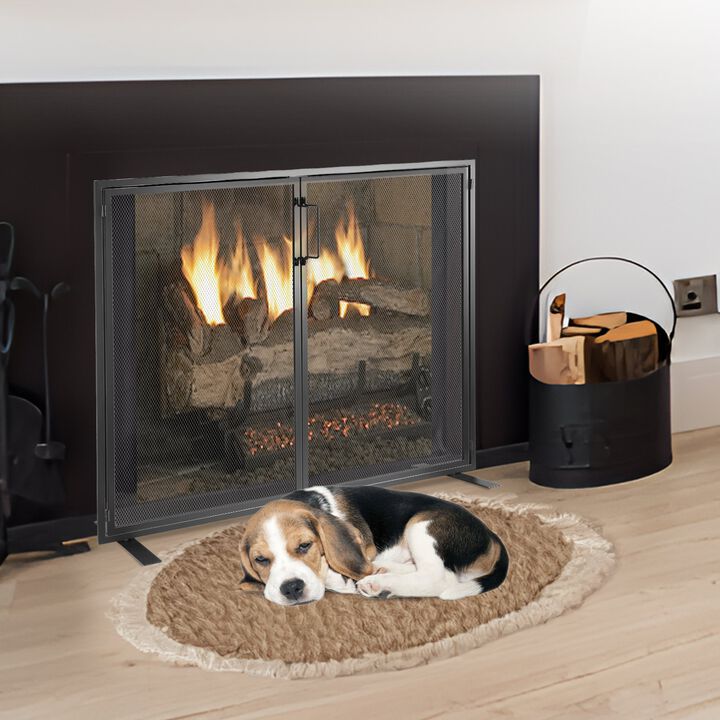 Freestanding Fireplace Spark Screen with Iron Mesh Door, Protective Fire Guard for Home-Black