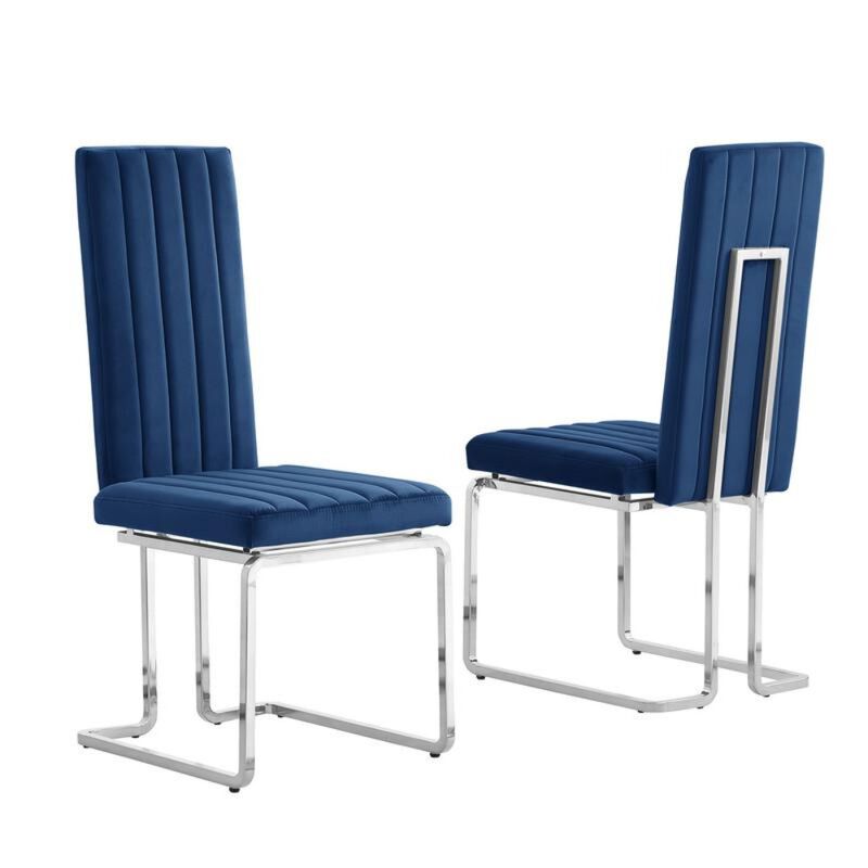 Best Quality Furniture Navy Blue Velvet Side Chairs With Silver Base (Set Of 2)