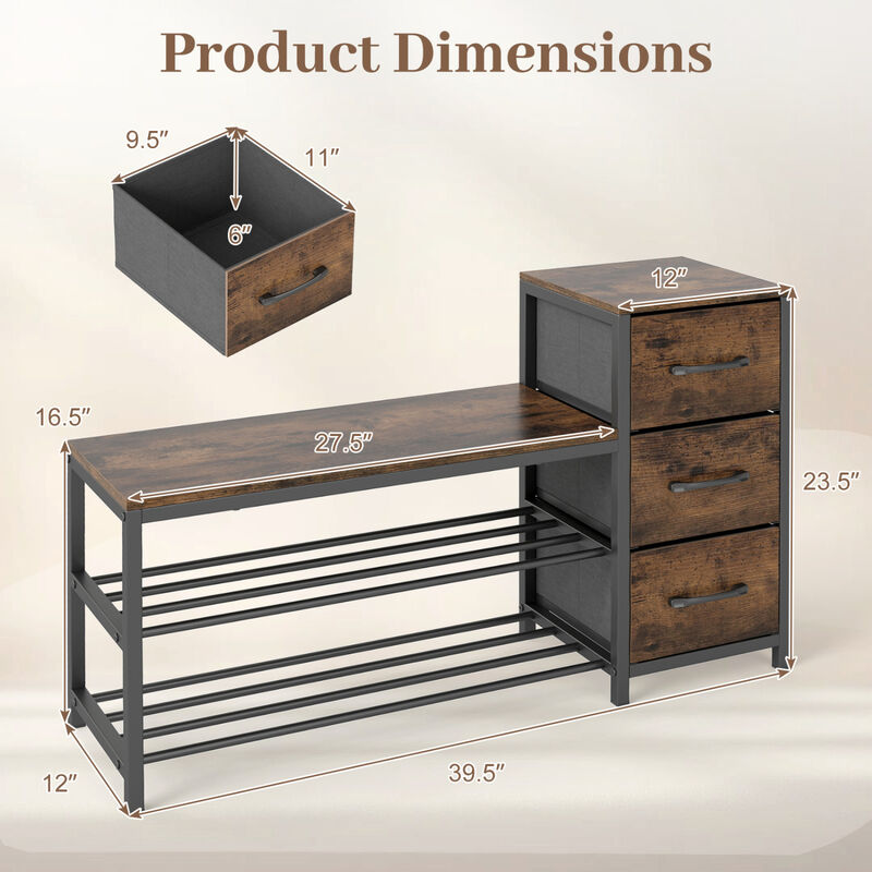 Entryway Shoe Bench 3-Tier with Removable Fabric Drawers image number 2