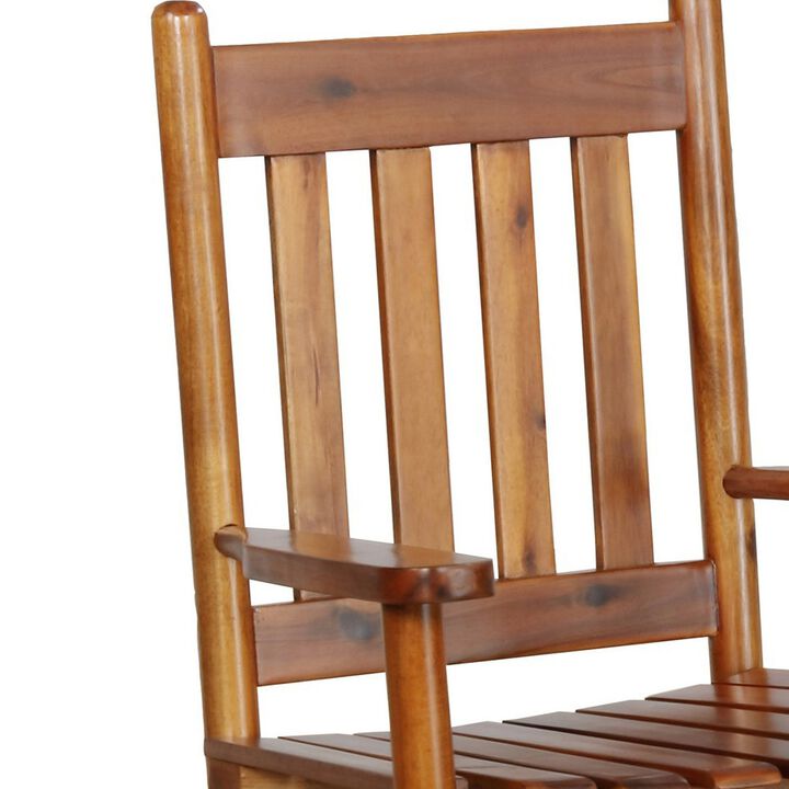 Rocking Chair with Slatted Design Back and Seat, Brown-Benzara