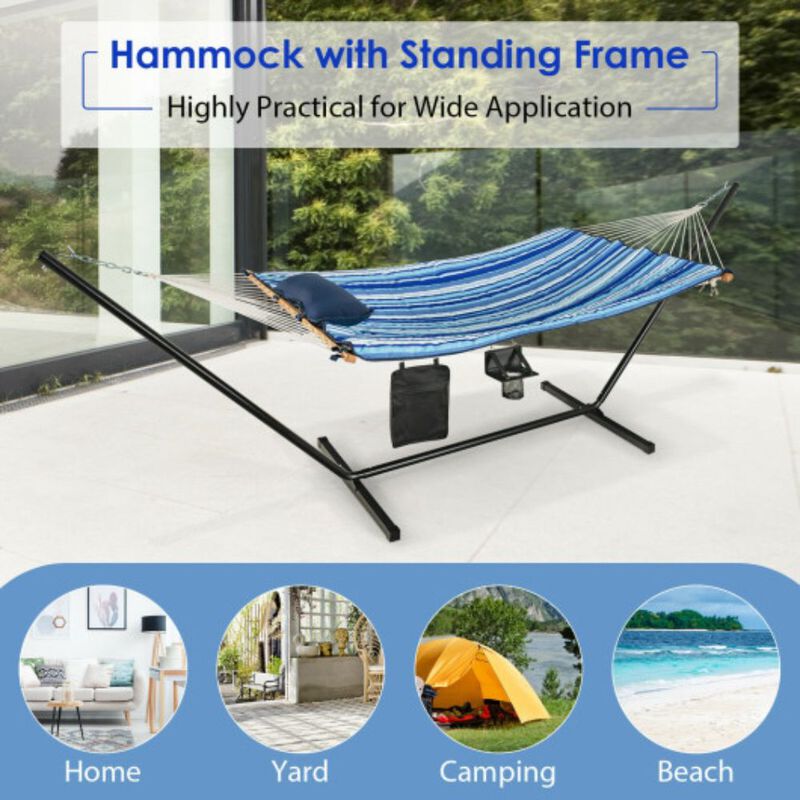 Hammock Chair Stand Set Cotton Swing with Pillow Cup Holder Indoor Outdoor image number 4