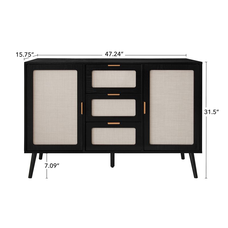 MONDAWE 2 Door 3 Drawer Accent Storage Rattan Sideboard Buffet Cabinet for Living Room, Bedroom, Dining Room