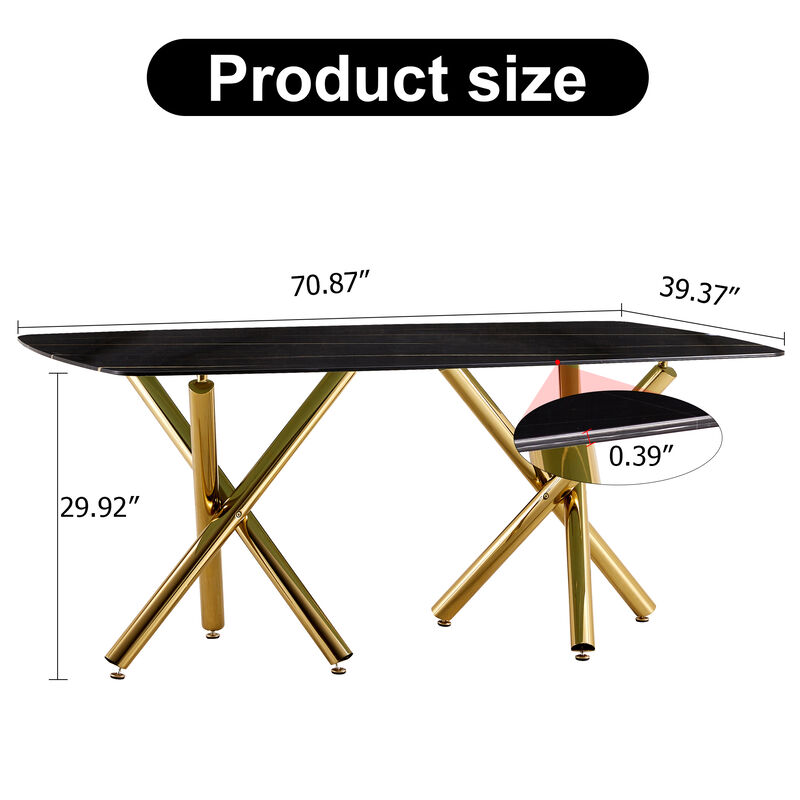 Hivvago 68 Seater Modern Kitchen Dining Table Rectangular Marble Table Top with Gold Metal Legs