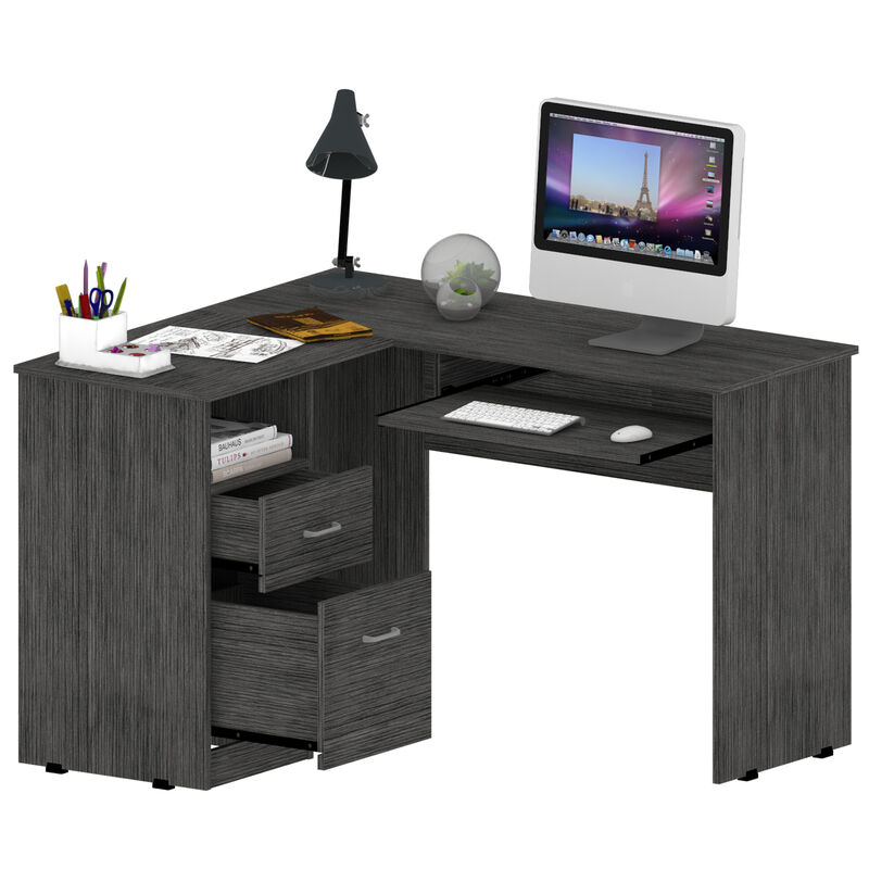 DEPOT E-SHOP Idra L-Shaped Desk, Keyboard Tray, Two Drawers, One Open Shelf, Smokey Oak