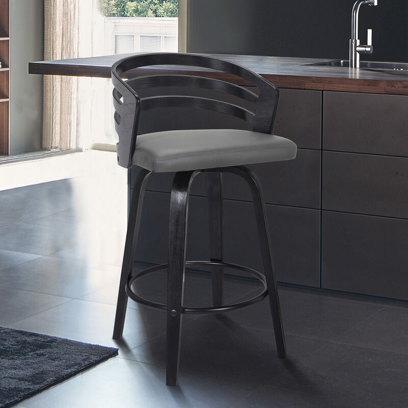 Jayden  Counter Height Swivel Grey Faux Leather and Black Wood Bar Stool