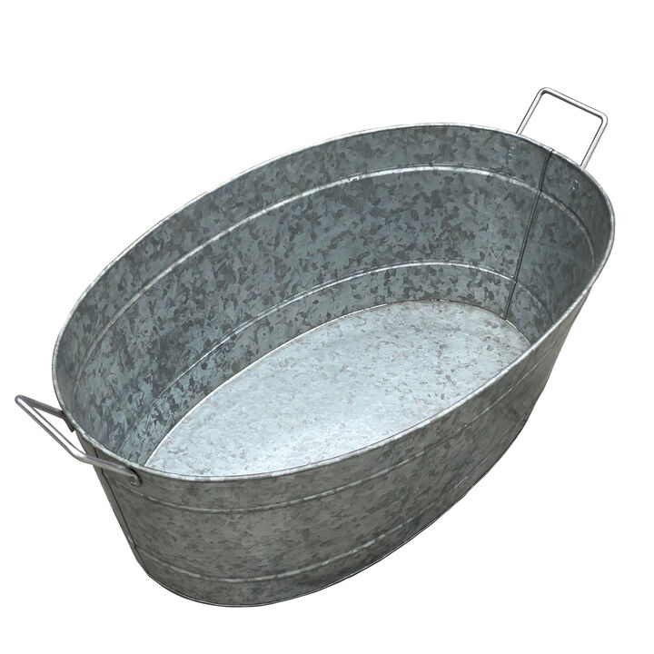 Embossed Design Oval Shape Galvanized Steel Tub with Side Handles, Large, Silver - Benzara