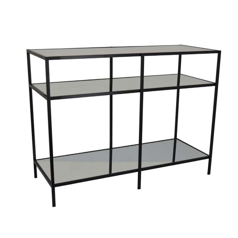 Gwen Plant Stand with 3 Mirrored Shelves, Black Metal Frame 40 Inch - Benzara