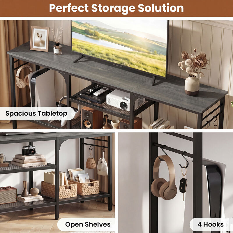 Modern TV Stand with Open Shelves and 4 Hooks Organizer image number 6