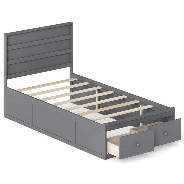 Twin Platform Bed Frame with Built-In Storage Drawers and Headboard