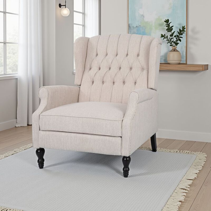 Jade Oversize Wide Chair Manual Recliner, Wingback, Beige Tufted - Benzara