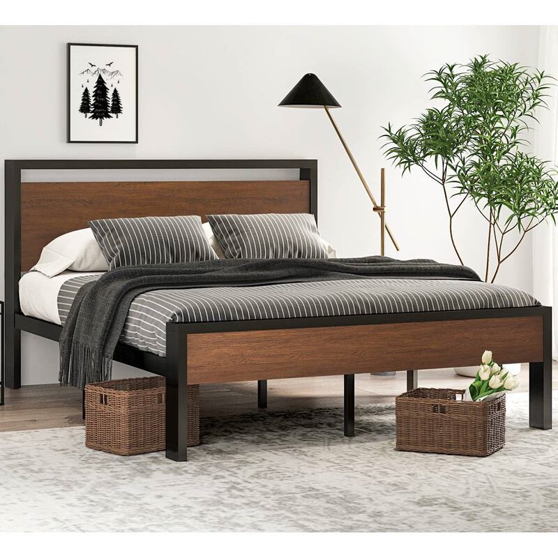 Hivvago Queen Metal Platform Bed with Walnut Finish Wood Panel Headboard Footboard