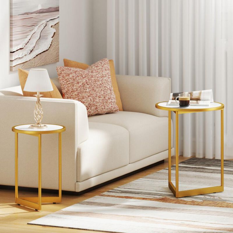 Hivvago Round Nesting Table Set of 2 with Marble-like Tabletop-White