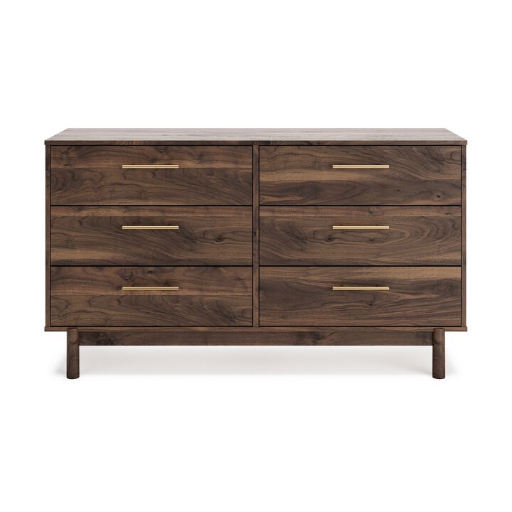 Kip 59 Inch Modern Dresser, Brown Wood Frame, 6 Drawers, Gold Metal Handles - Benzara
