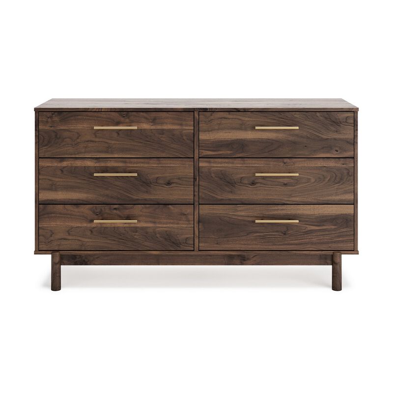Kip 59 Inch Modern Dresser, Brown Wood Frame, 6 Drawers, Gold Metal Handles