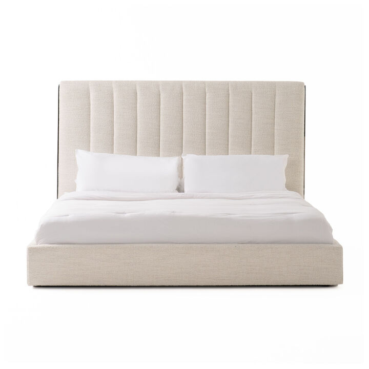 Valy Platform King Size Bed, Vertical Striped Tufted Ivory Upholstered - Benzara