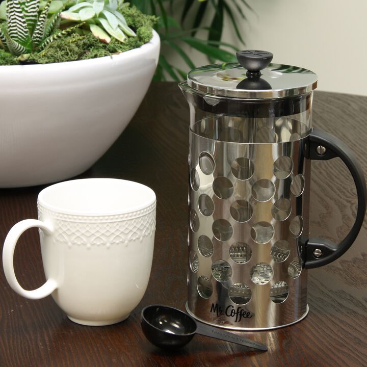 Mr. Coffee Polka Dot Brew 32 oz Silver Glass Coffee Press with Scoop