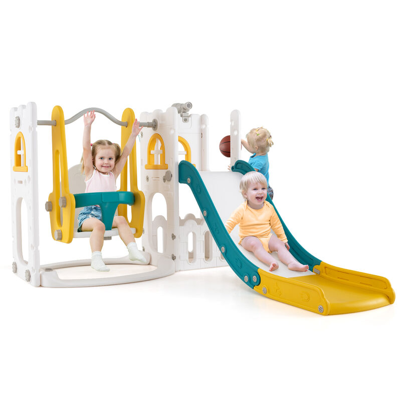 L Shaped 7 in 1 Toddler Swing Set with Slide, Ladder and Basketball Hoop image number 3