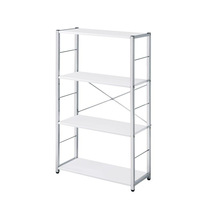 Bookshelf with X Shaped Cross Bar Chrome Finish, White