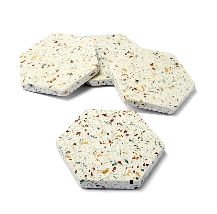 Lexi Home 4 in. Hexagon Terrazo  Marble 4-Pack Coaster Set