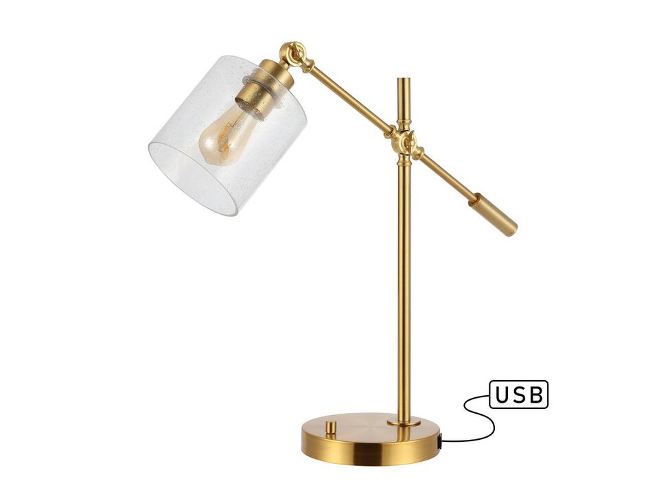Kathryn Classic 23" Iron/Seeded Glass Adjustable Head Modern USB Charging LED Task Lamp, Brass Gold