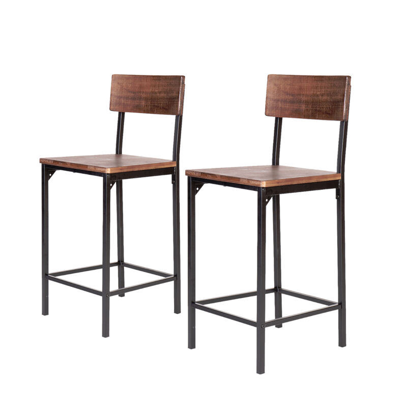 Hivvago Set of Two 25 Inch Brown and Black Solid Wood and Metal Counter Height Bar Chairs