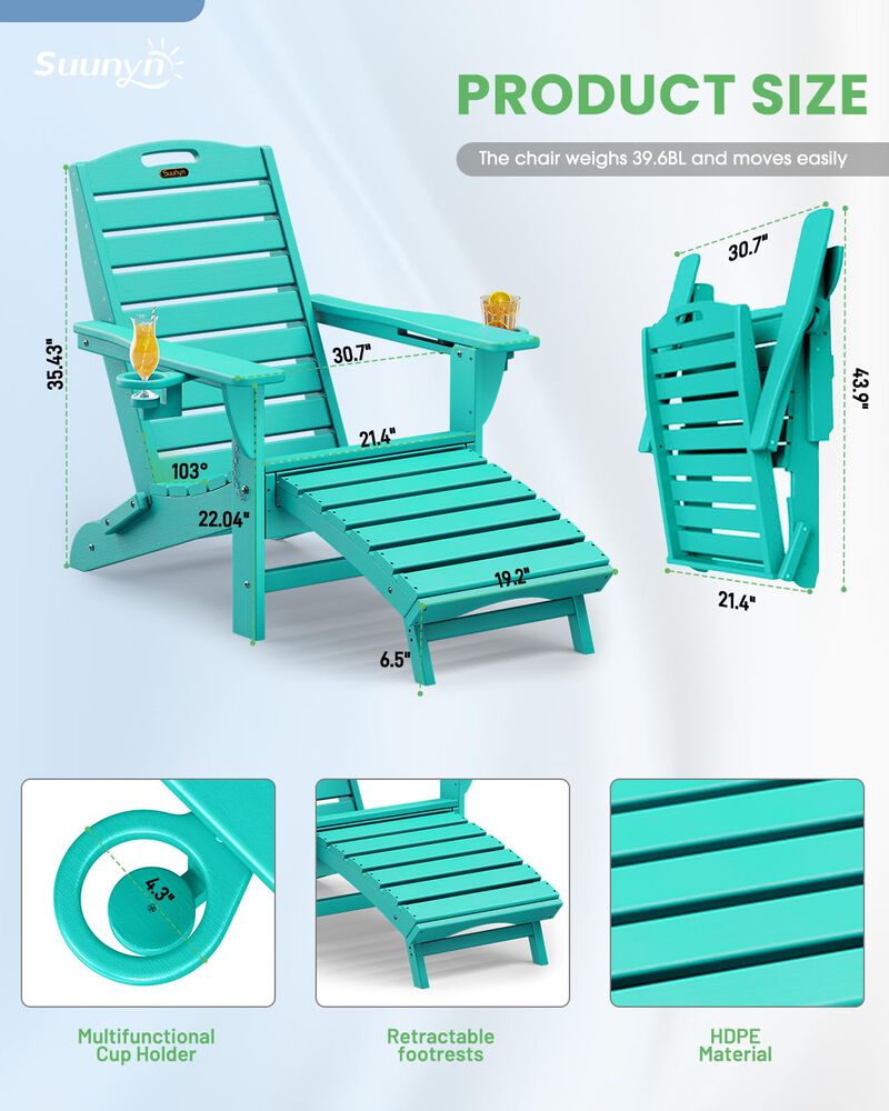 SUUNYN Folding Adirondack Chairs Set of 2,Adirondack Chair with Retractable Ottoman,Plastic Adirondack Chairs with 2 Cup Holder,