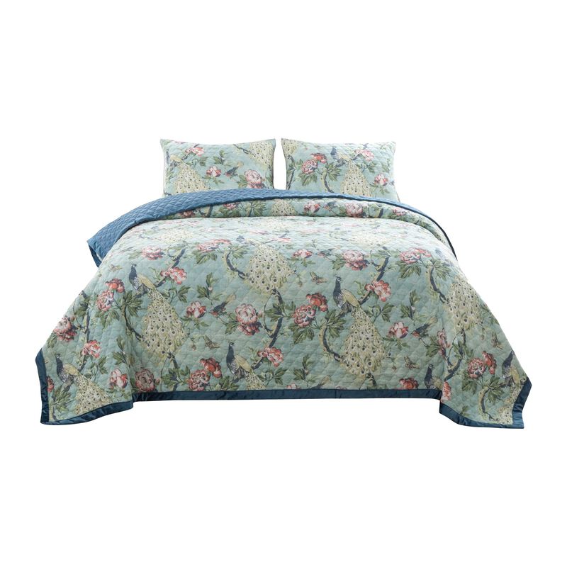 Eden 3 Piece Queen Quilt Set, Peacock and Songbirds, Light Green Microfiber - Benzara