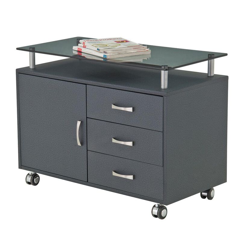 Techni Mobili Rolling Storage Cabinet With Frosted Glass Top. Color: Graphite