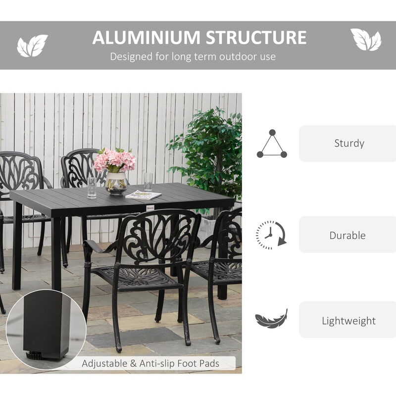 Outsunny Outdoor Dining Table for 6 Person, Rectangular, Aluminum Metal Legs for Garden, Lawn, Patio, Woodgrain Black
