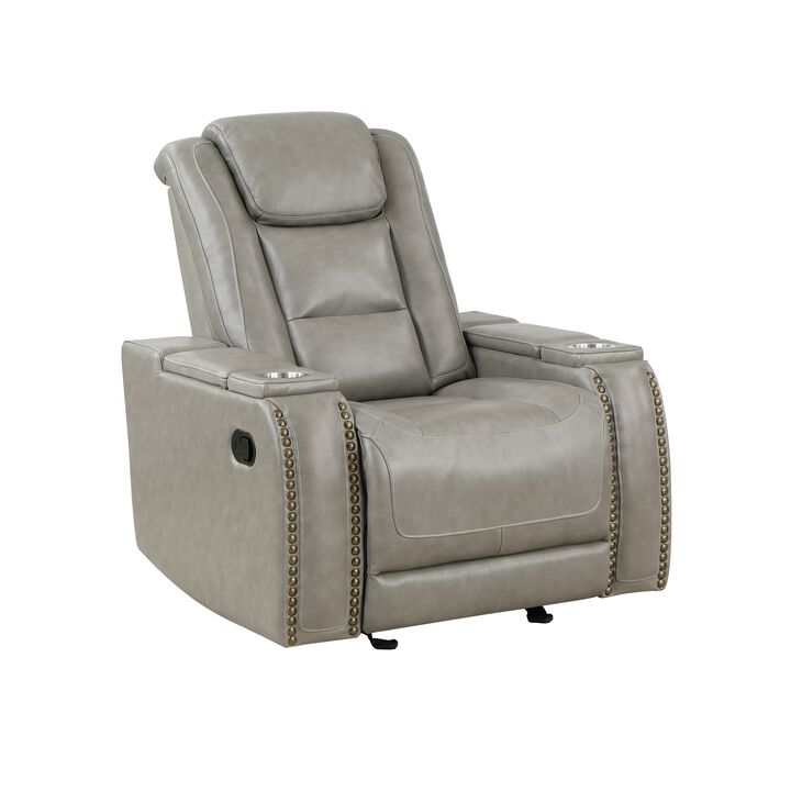 Luxe 39 Inch Manual Recliner, Genuine Leather, Smooth Gray Upholstery  - Benzara